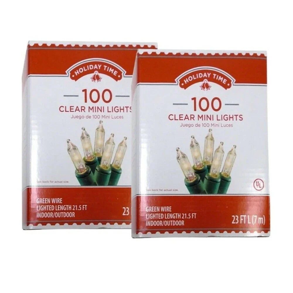 Holiday Time 100 Clear Mini Lights Green Wire 23 FT (7 m) Lot of 2 pkgs